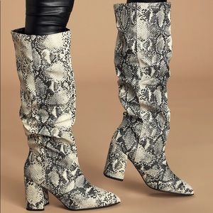Stone and Black Snake Pointed-Toe Knee High Boots